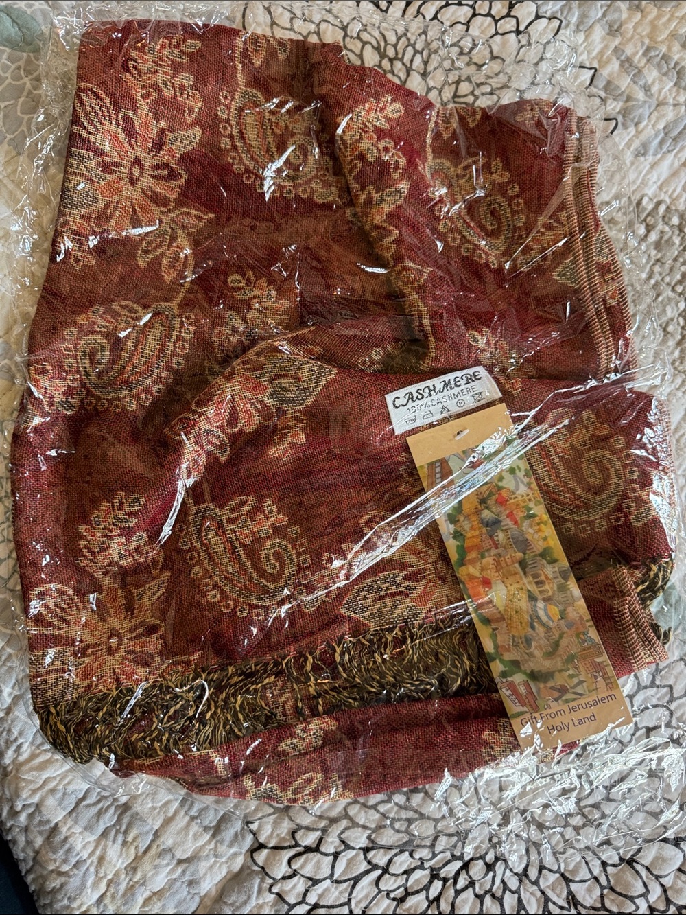 Cashmere Blend Paisley Shawl Scarf in Deep Red and Gold- 100% cashmere